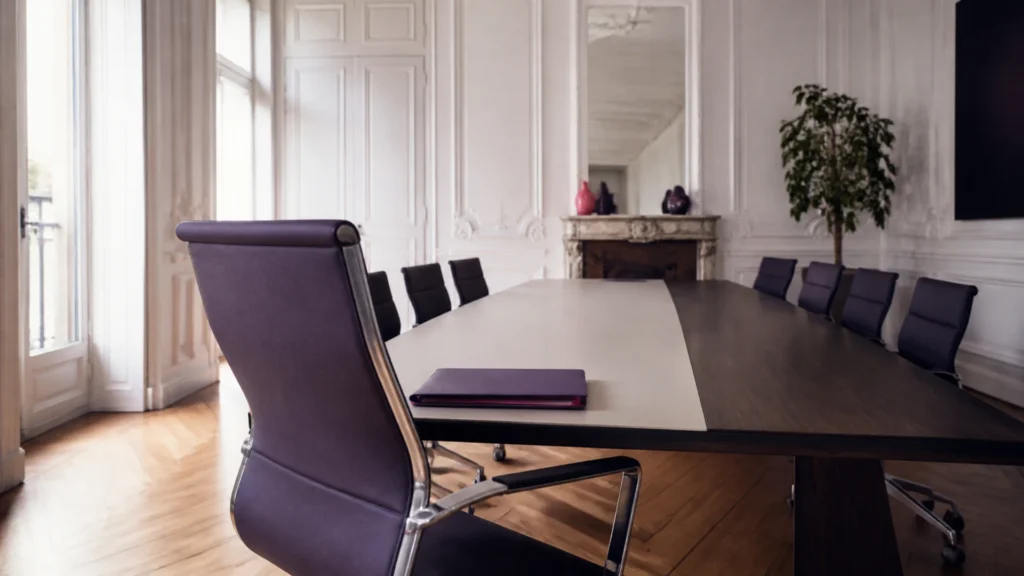 Fauteuil de direction devant une table de réunion haussmannienne, un dossier posé à sa place
