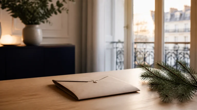 Enveloppe fermée posée près d'une branche de sapin sur une table en bois clair
