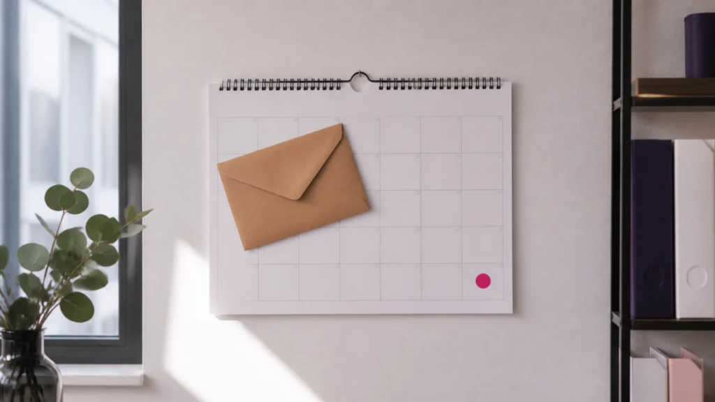 Enveloppe fermée posée sur un calendrier vierge dont la dernière case est marquée