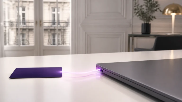 Carte neutre et ordinateur portable fermé reliés par un cordon lumineux sur un plan de travail