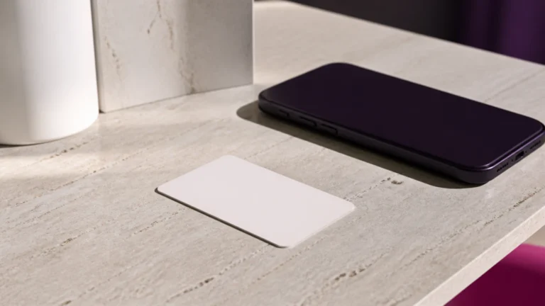 Carte bancaire neutre posée près d'un téléphone retourné sur un plan de travail clair