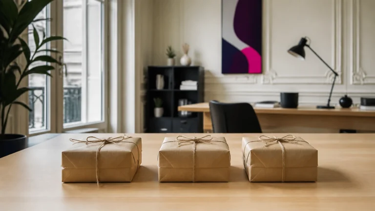 Trois paquets en papier kraft fermés d'une ficelle alignés sur une table en bois clair
