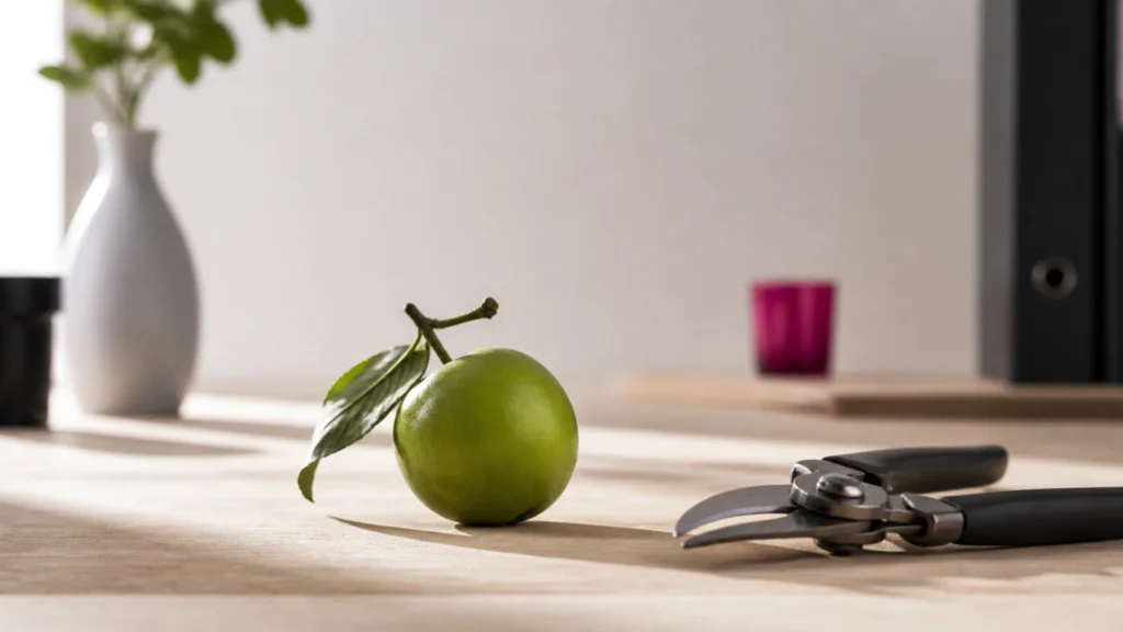 Fruit encore vert posé sur une table en bois clair à côté d'un sécateur
