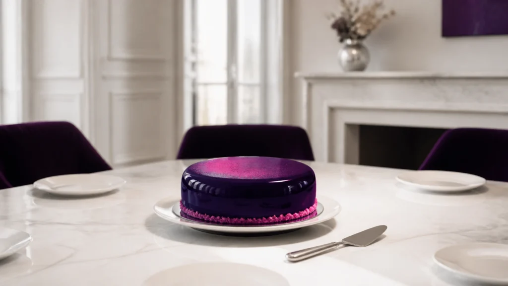 Gâteau rond non entamé au centre d'une table entourée d'assiettes vides