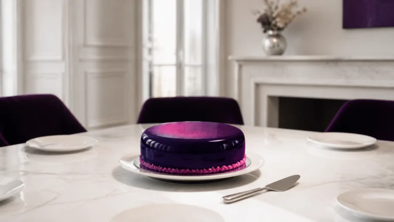 Gâteau rond non entamé au centre d'une table entourée d'assiettes vides