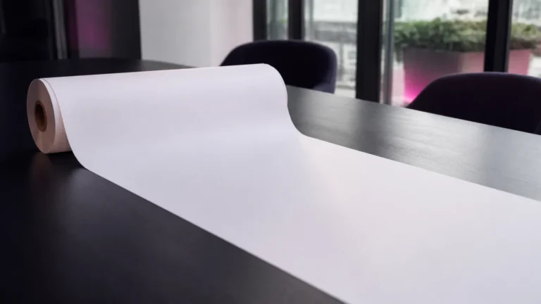 Bande de papier vierge continue se déroulant d'un rouleau sur une table sombre