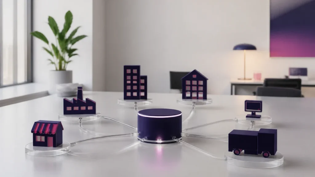 Maquettes de commerces et d'immeubles reliées par des tubes à un boîtier central lumineux