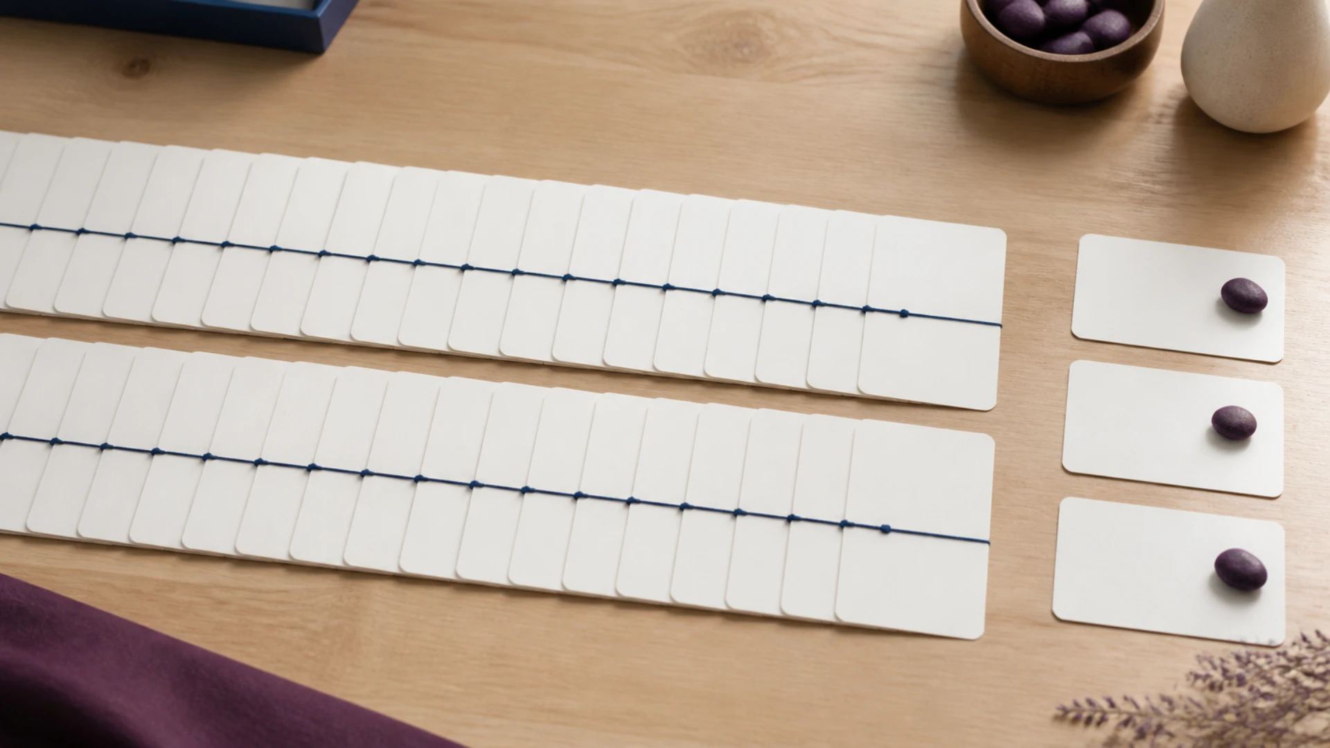 Deux rangées parallèles de cartes blanches reliées par des cordons bleus, avec trois cartes isolées portant chacune un galet violet.