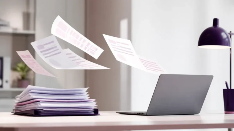Feuilles imprimées aux tons roses convergeant vers un ordinateur portable et une pile de dossiers