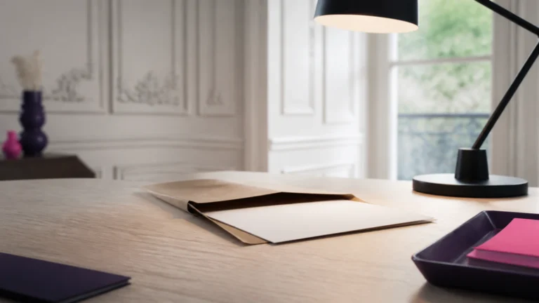 Enveloppe ouverte posée sur une table avec une feuille vierge dépassant légèrement