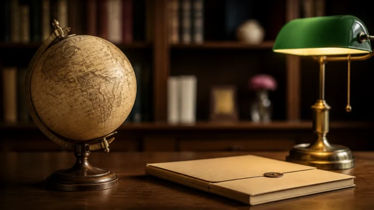 Globe terrestre ancien posé à côté d'une chemise fermée et d'une lampe de banquier allumée