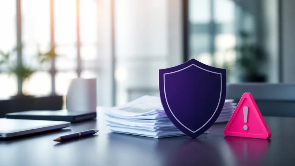 Bouclier violet et triangle d'alerte rose posés devant une pile de documents sur un bureau