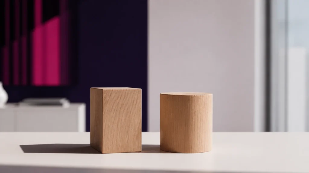 Deux blocs de bois de formes différentes posés côte à côte avec leurs ombres distinctes