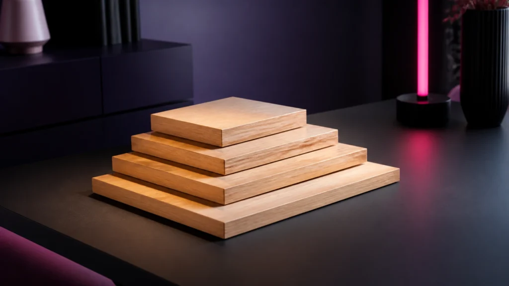 Plateaux de bois étagés en escalier descendant, chacun plus petit que le précédent