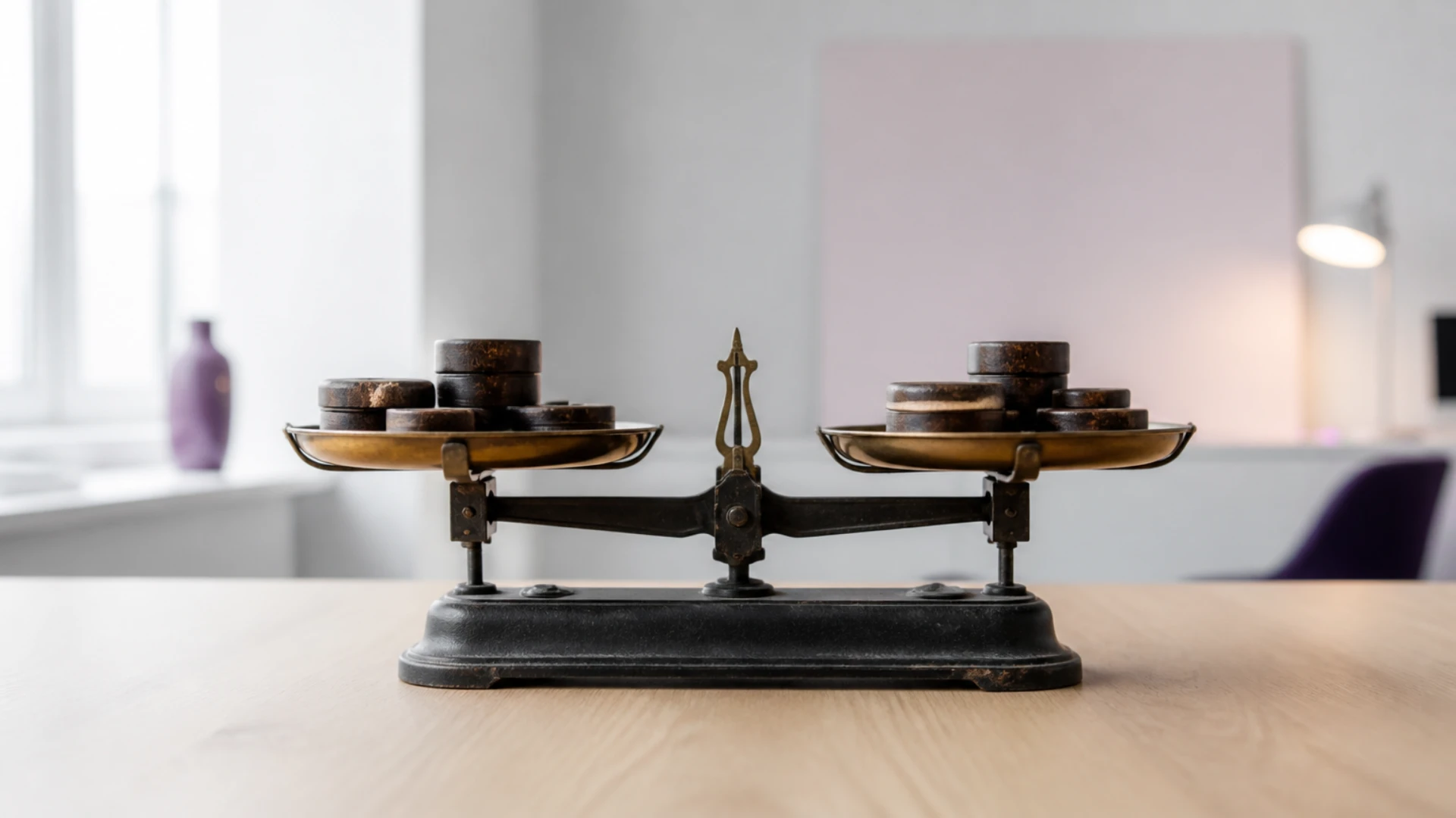 Balance ancienne en équilibre parfait chargée de jetons de tailles différentes