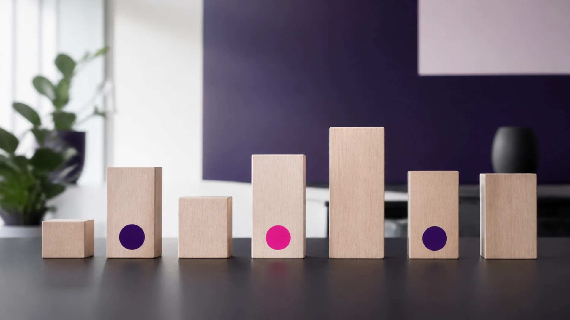Rangée de blocs de tailles différentes dont trois sont marqués d’une pastille de couleur