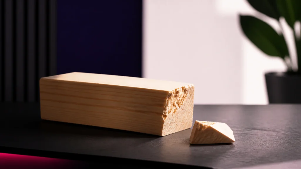 Bloc de bois dont un éclat détaché est posé juste à côté, cassure soulignée par la lumière