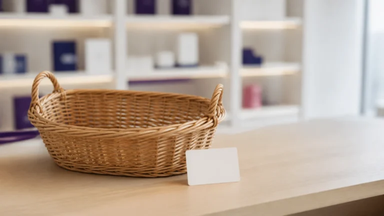 Panier de courses vide posé sur un comptoir près d'une carte neutre sans inscription