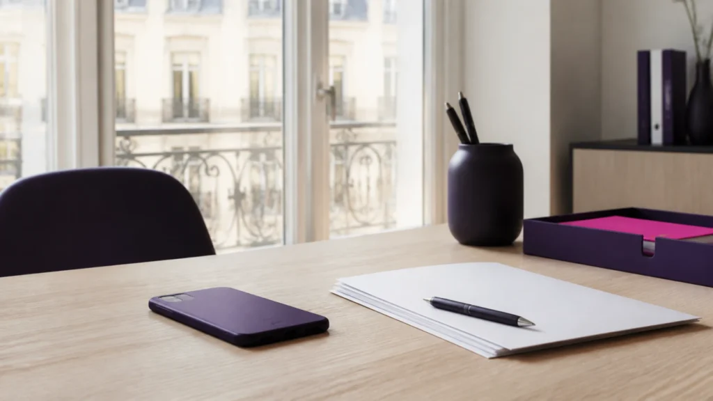 Téléphone retourné posé près d'une pile de justificatifs vierges sur une table en bois clair
