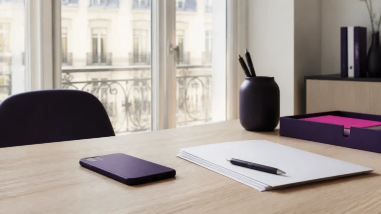 Téléphone retourné posé près d'une pile de justificatifs vierges sur une table en bois clair