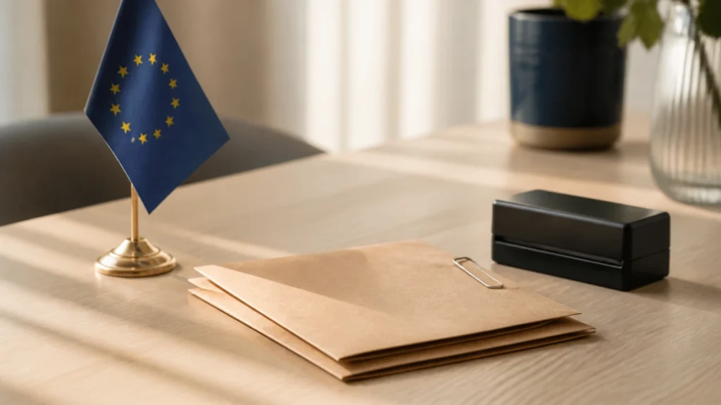 Trois enveloppes kraft retenues par un trombone à côté d'un tampon encreur et d'un petit drapeau européen