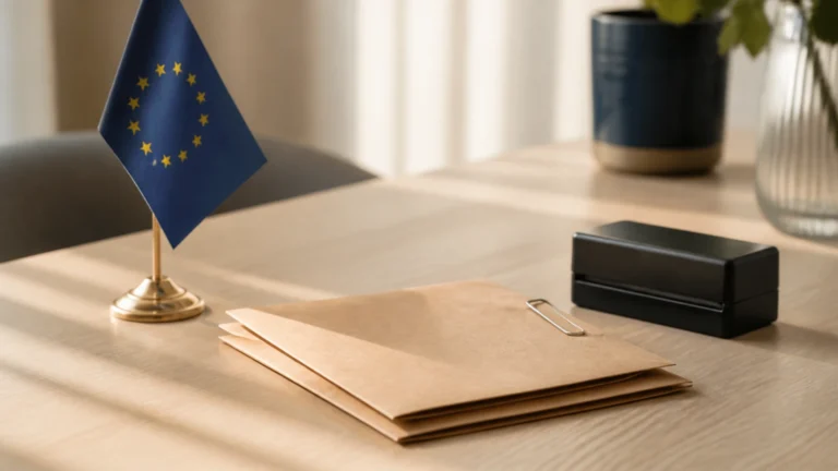 Trois enveloppes kraft retenues par un trombone à côté d'un tampon encreur et d'un petit drapeau européen