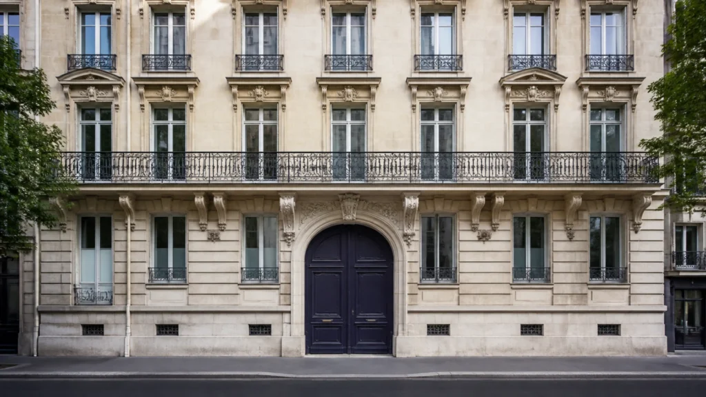Façade d'immeuble haussmannien en pierre de taille avec porte cochère fermée