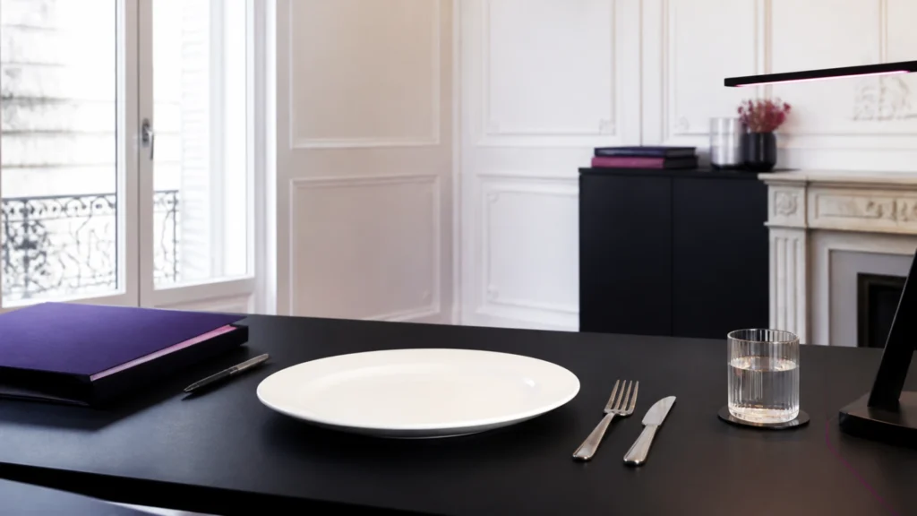 Assiette vide et couverts posés sur un coin de bureau à côté d'un dossier fermé