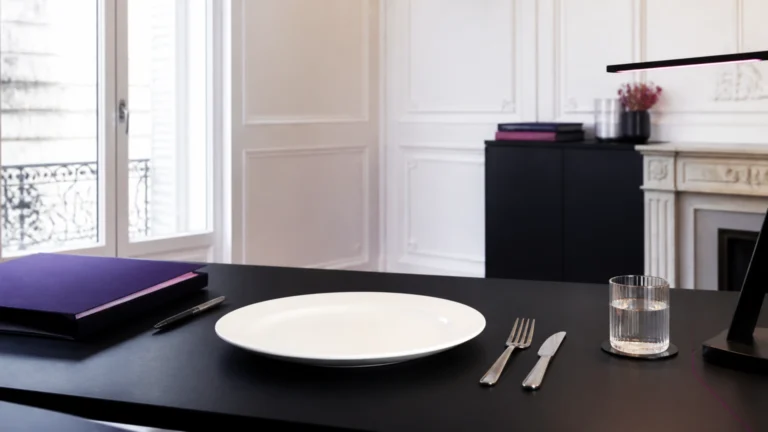 Assiette vide et couverts posés sur un coin de bureau à côté d'un dossier fermé
