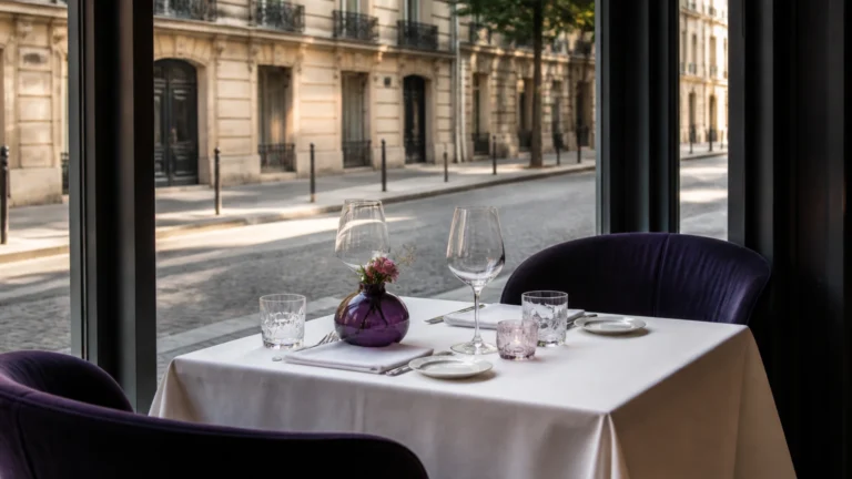 Table de restaurant dressée pour deux près d'une baie vitrée donnant sur une rue déserte