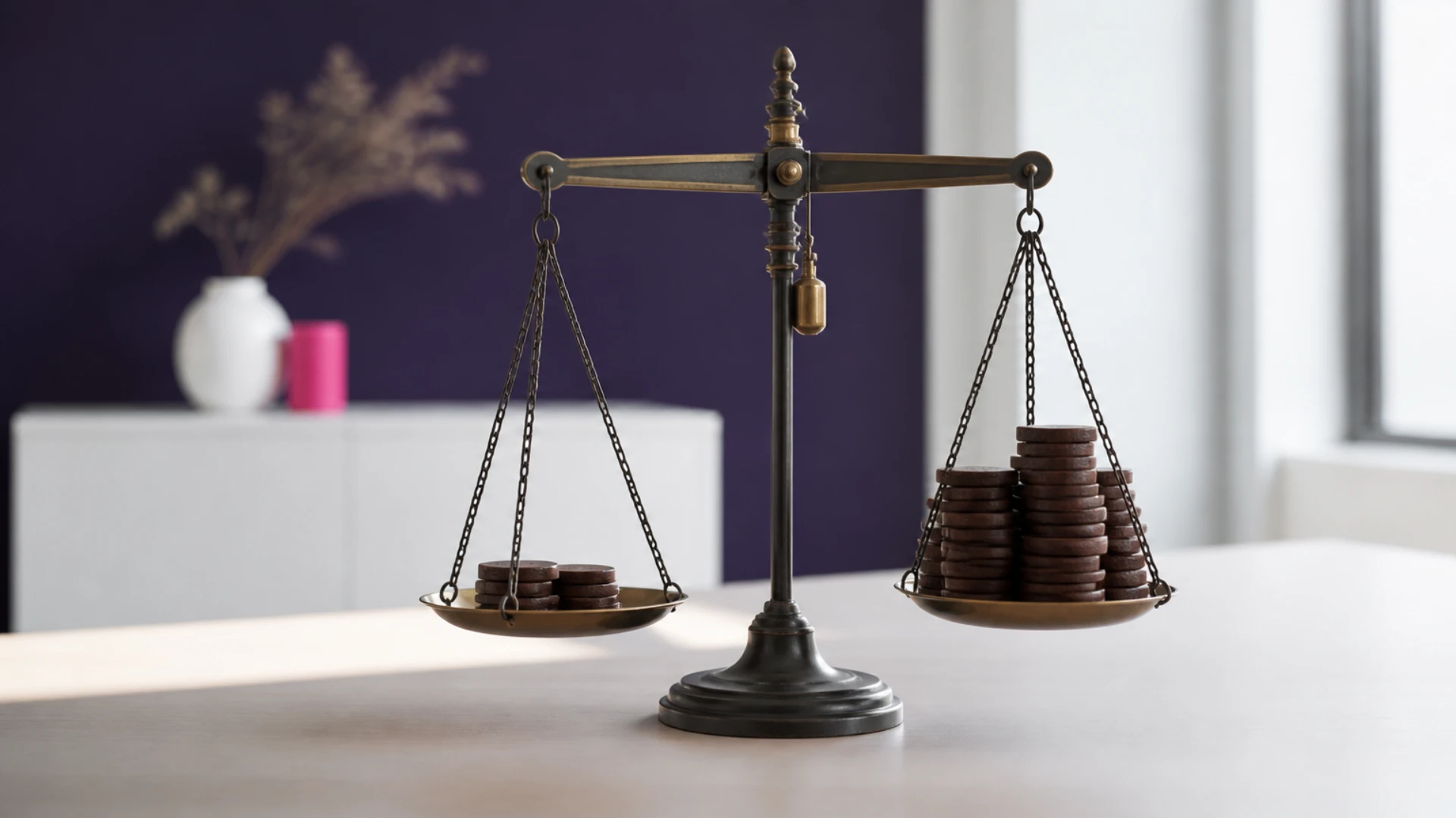 Balance en équilibre malgré des quantités de jetons très inégales, contrepoids visible
