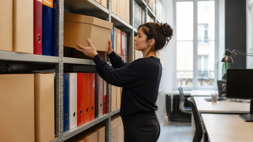 Une femme range une boîte d’archives en carton sur des rayonnages métalliques garnis de classeurs rouges, bleus et blancs, dans un bureau lumineux