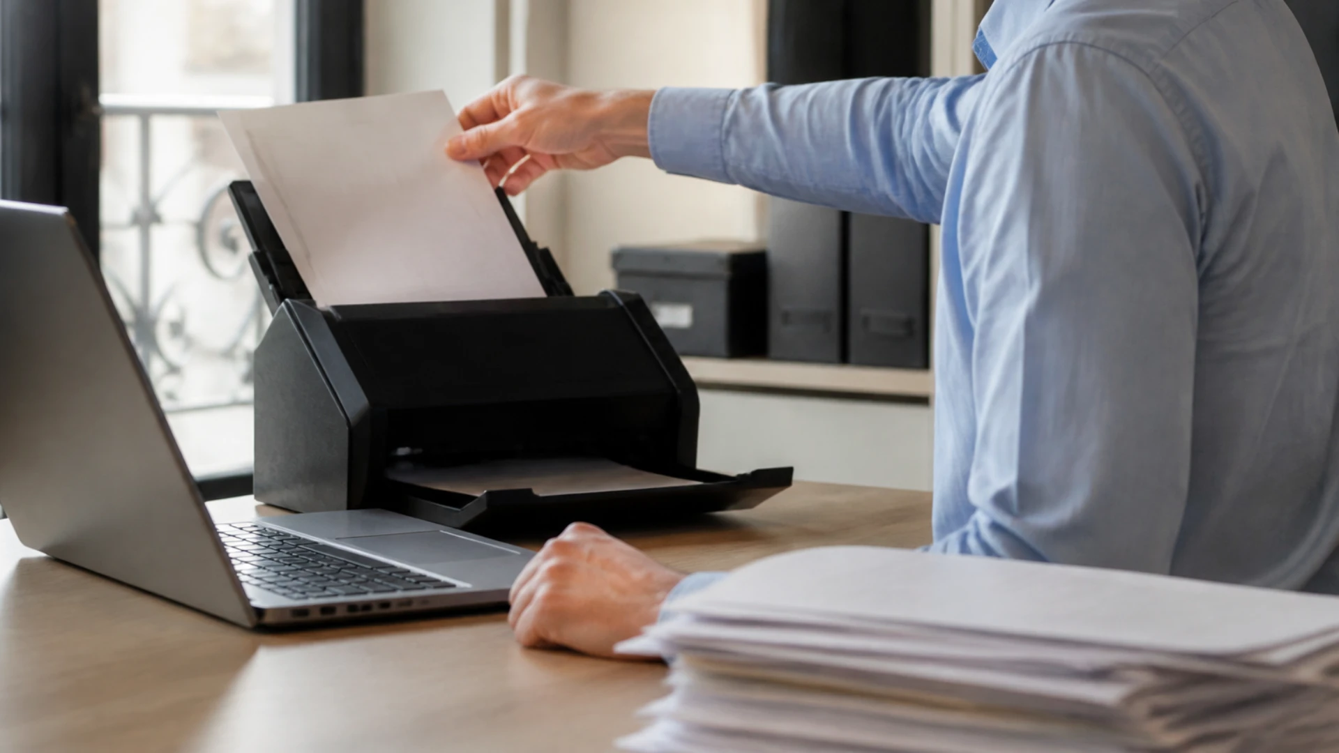 Un homme en chemise bleue insère une feuille dans un scanner de documents posé sur un bureau en bois, à côté d’un ordinateur portable et d’une pile de papiers