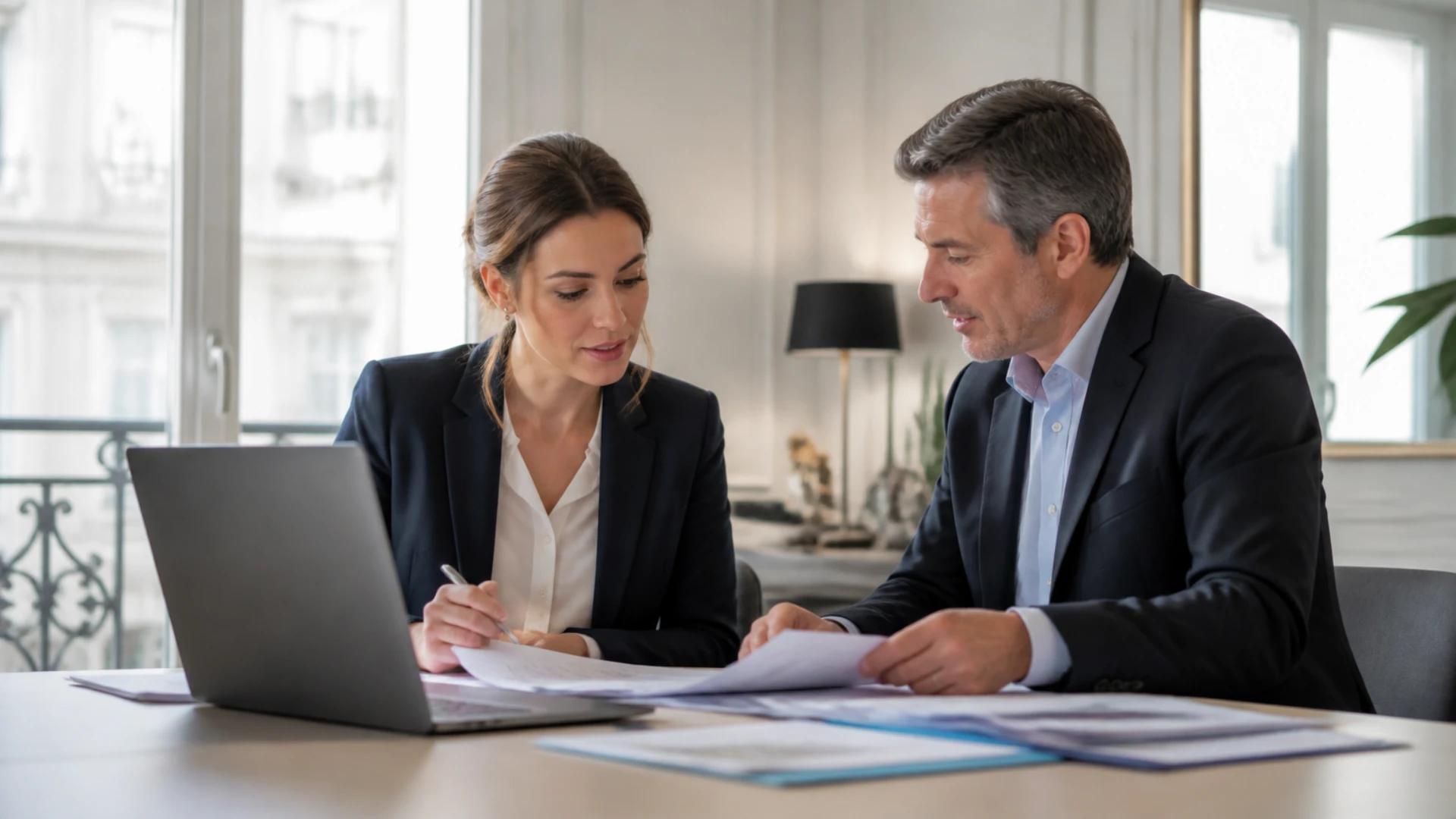 Une dirigeante et un expert-comptable relisent des documents papier à une table, ordinateur portable ouvert, dans un bureau parisien lumineux