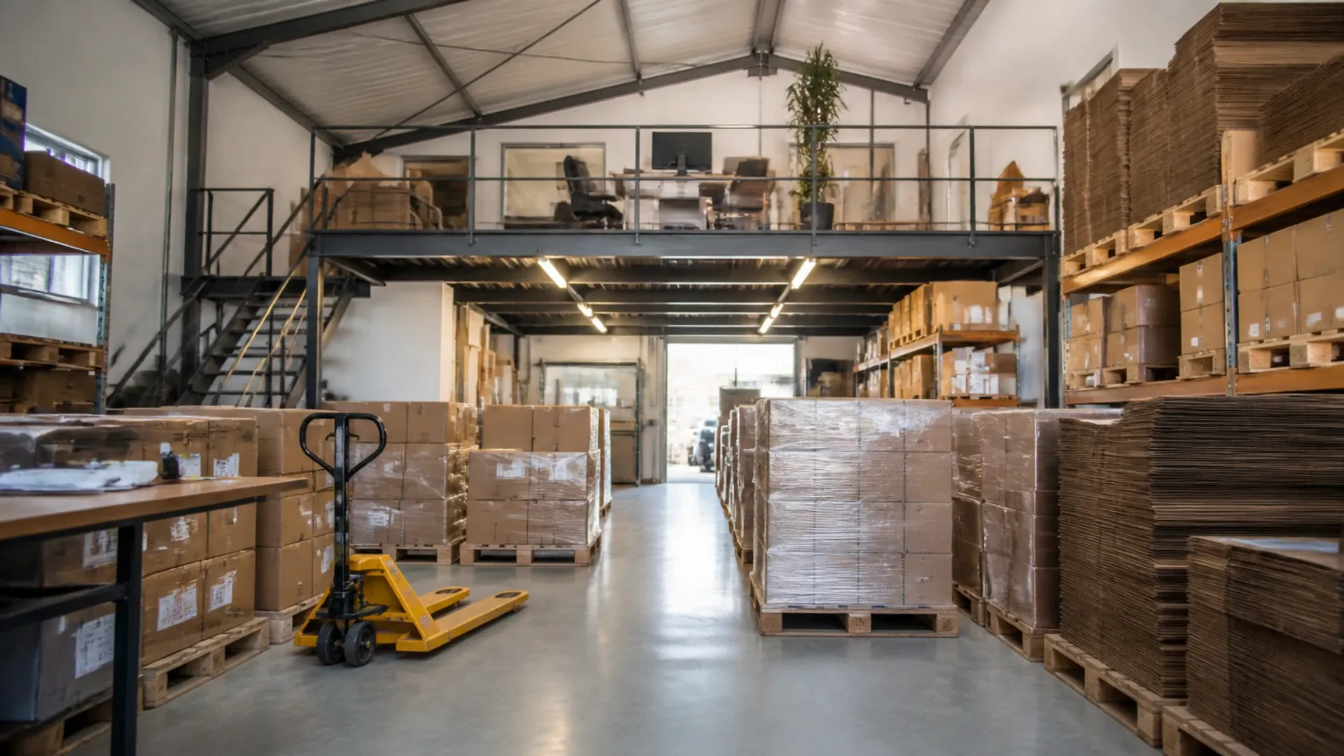Entrepôt de PME rempli de cartons sur palettes, transpalette jaune au premier plan et bureau en mezzanine au fond