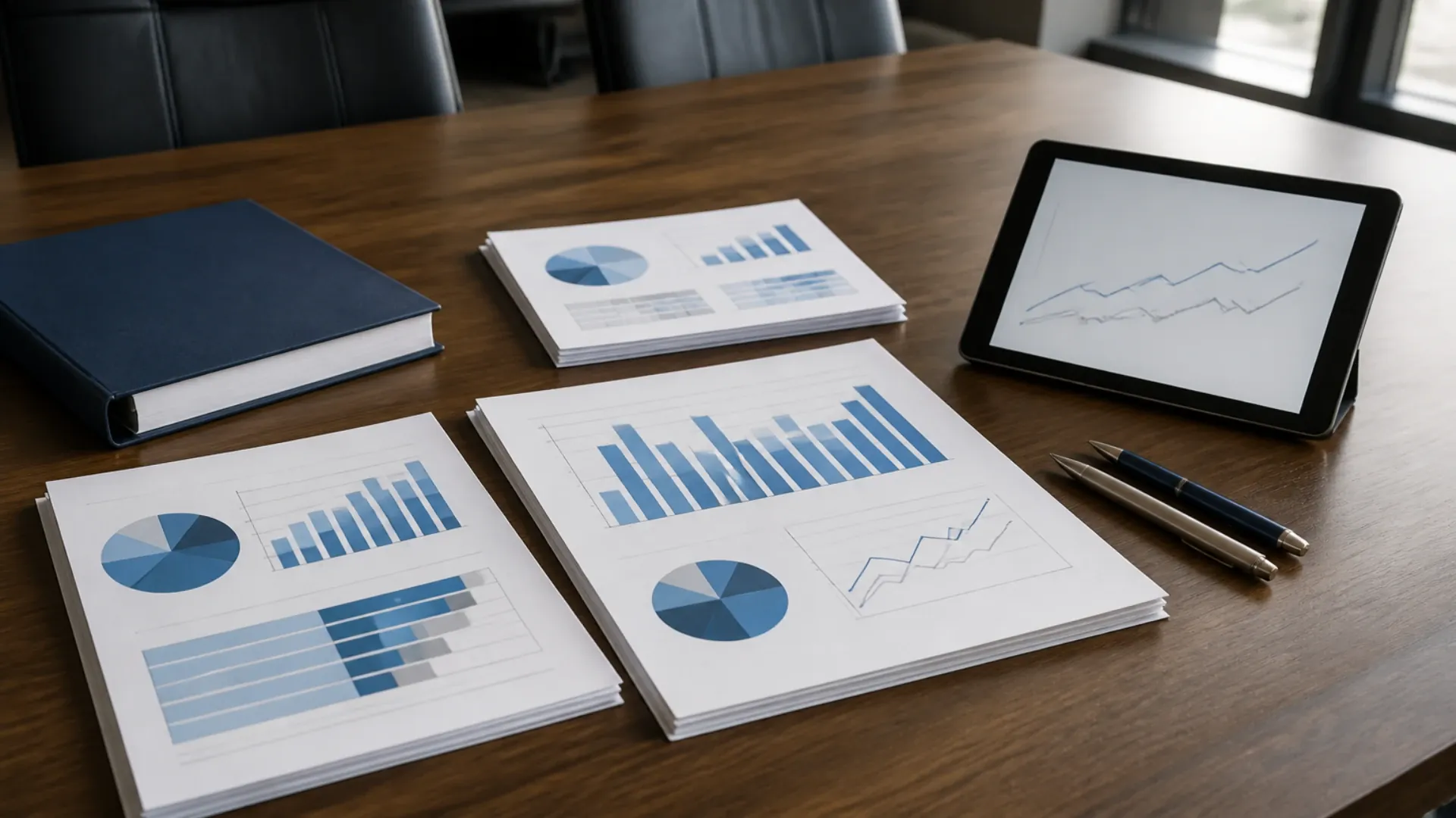 Pages de reporting imprimées avec graphiques en barres et en secteurs, tablette affichant une courbe et classeur fermé sur une table de réunion