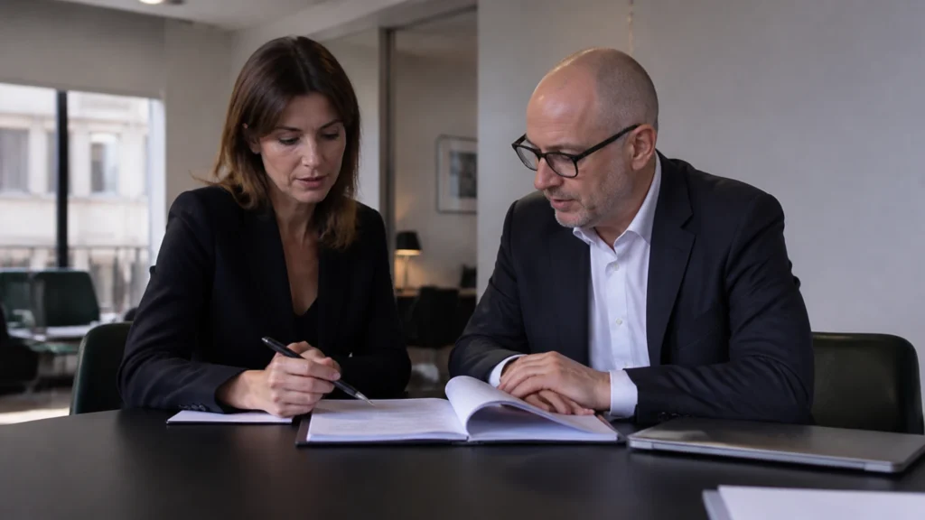 Une dirigeante, stylo en main, et un expert-comptable à lunettes relisent ensemble un document relié posé sur une table de réunion sombre