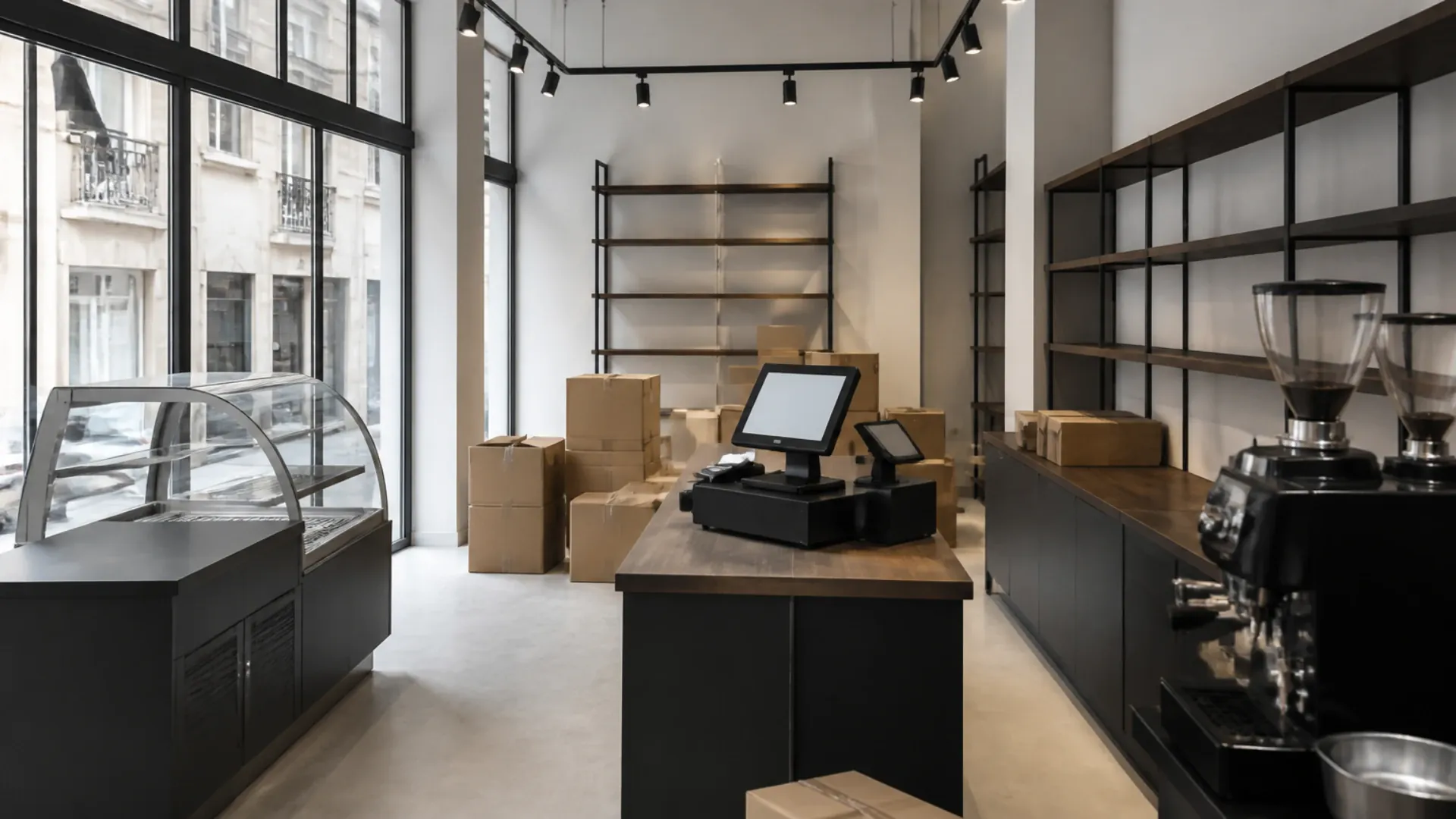 Boutique parisienne équipée avant l’ouverture : vitrine réfrigérée, caisse, moulins à café, étagères vides et cartons encore fermés