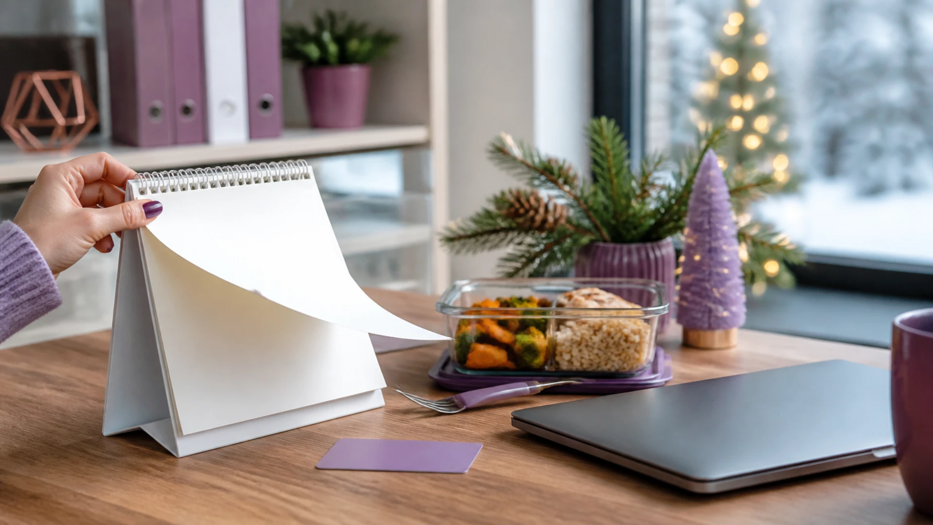 Calendrier de bureau dont on tourne la page, à côté d’une boîte repas et d’une carte de paiement, en période de fin d’année