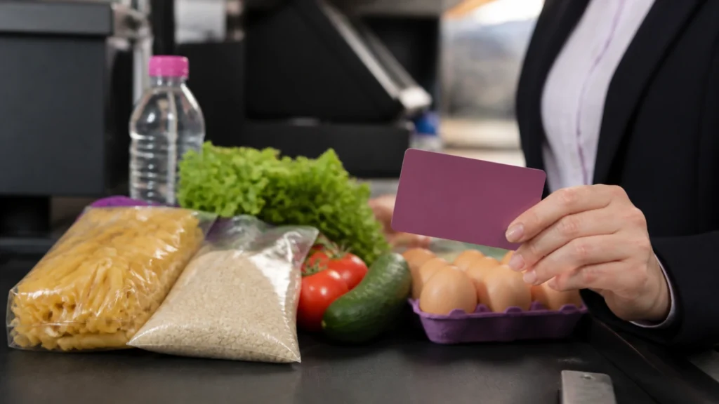 Courses alimentaires sur un tapis de caisse : pâtes, riz, légumes, œufs et eau, avec une carte de paiement tenue par une salariée