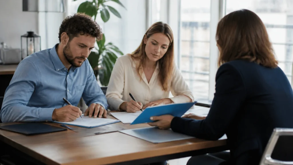 Deux associés signent des documents à une table en bois pendant qu’une conseillère, vue de dos, leur tend une chemise bleue, dans un bureau lumineux